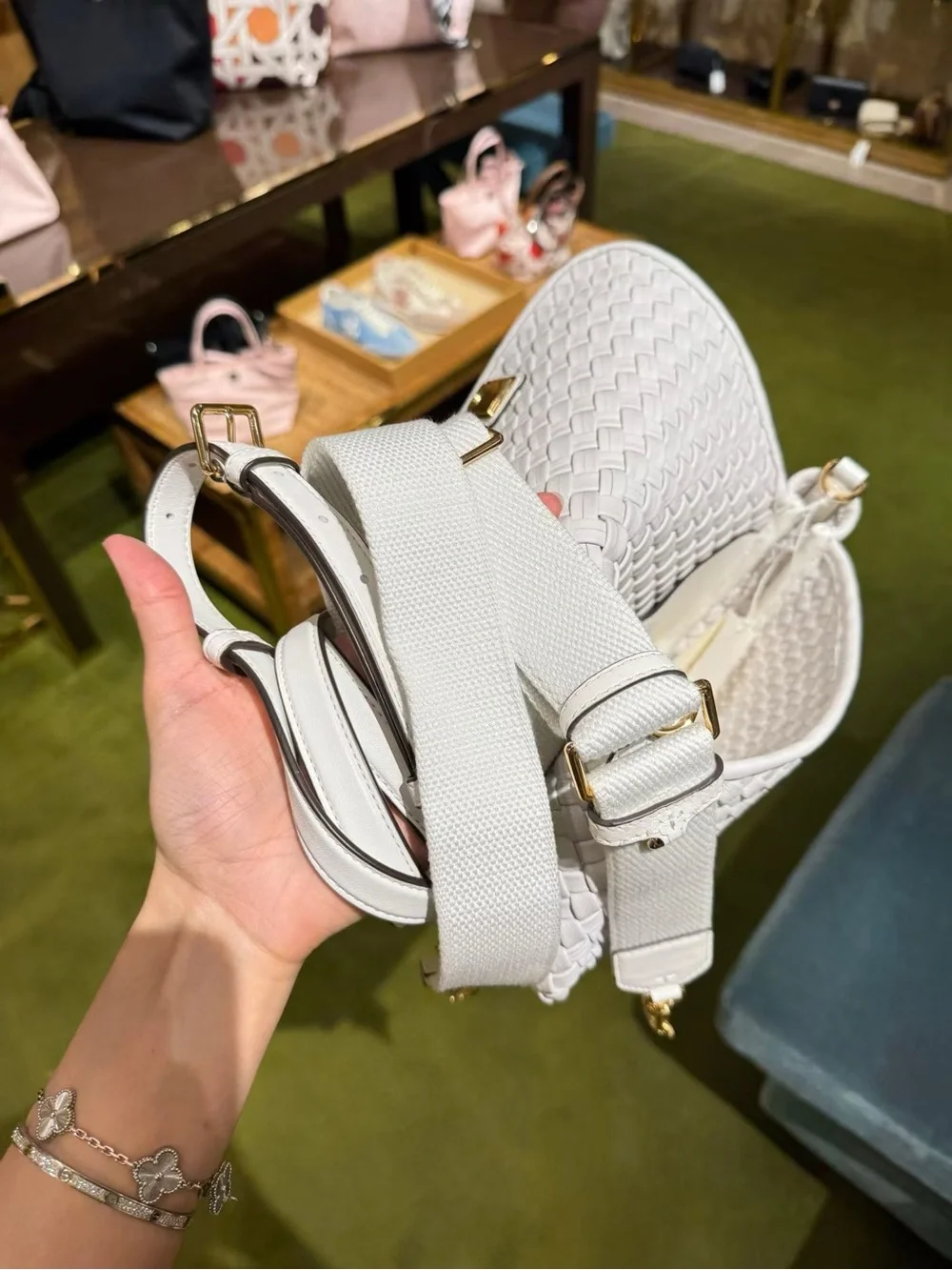 Tory Burch Thea Woven Leather Flap Crossbody in White NWT